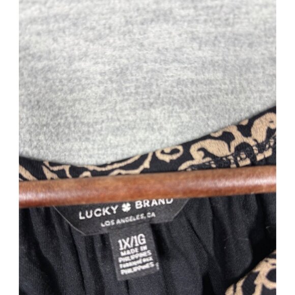 Lucky Brand Womens Blouse 1X Floral Black Beige Viscose 3/4 Sleeve Boho Chic Tun - Picture 2 of 6